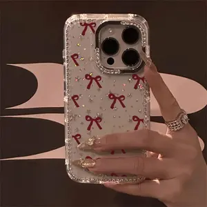 A Luxurious Wine-Red Bowknot Phone Case Adorned with Sparkling Rhinestones, Featuring a Transparent Starry Border That Offers Drop Protection. Compatible with Iphone 17 Pro Max, 17 Air, 16, 15, 14 Plus, 13, 12