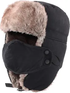Mens Warm Faux Fur Trooper Trapper Hat Outdoor Reflective Winter Hunting Hat with Ear Flaps Face Mask
