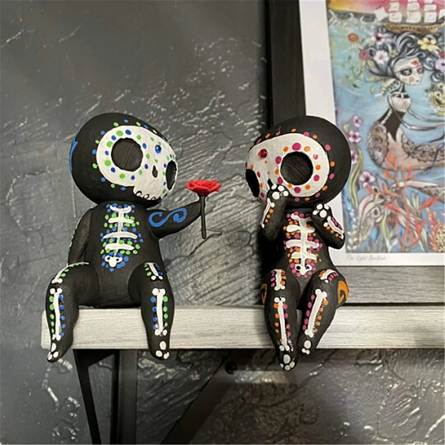 Sugar Skull Couple Statue, Sugar Skull Figurine,Resin Crafts Sugar Skull Decor,Skull Head Skeleton Figurine Statue Display Hand Crafts,Home Decor Collectible Figurines