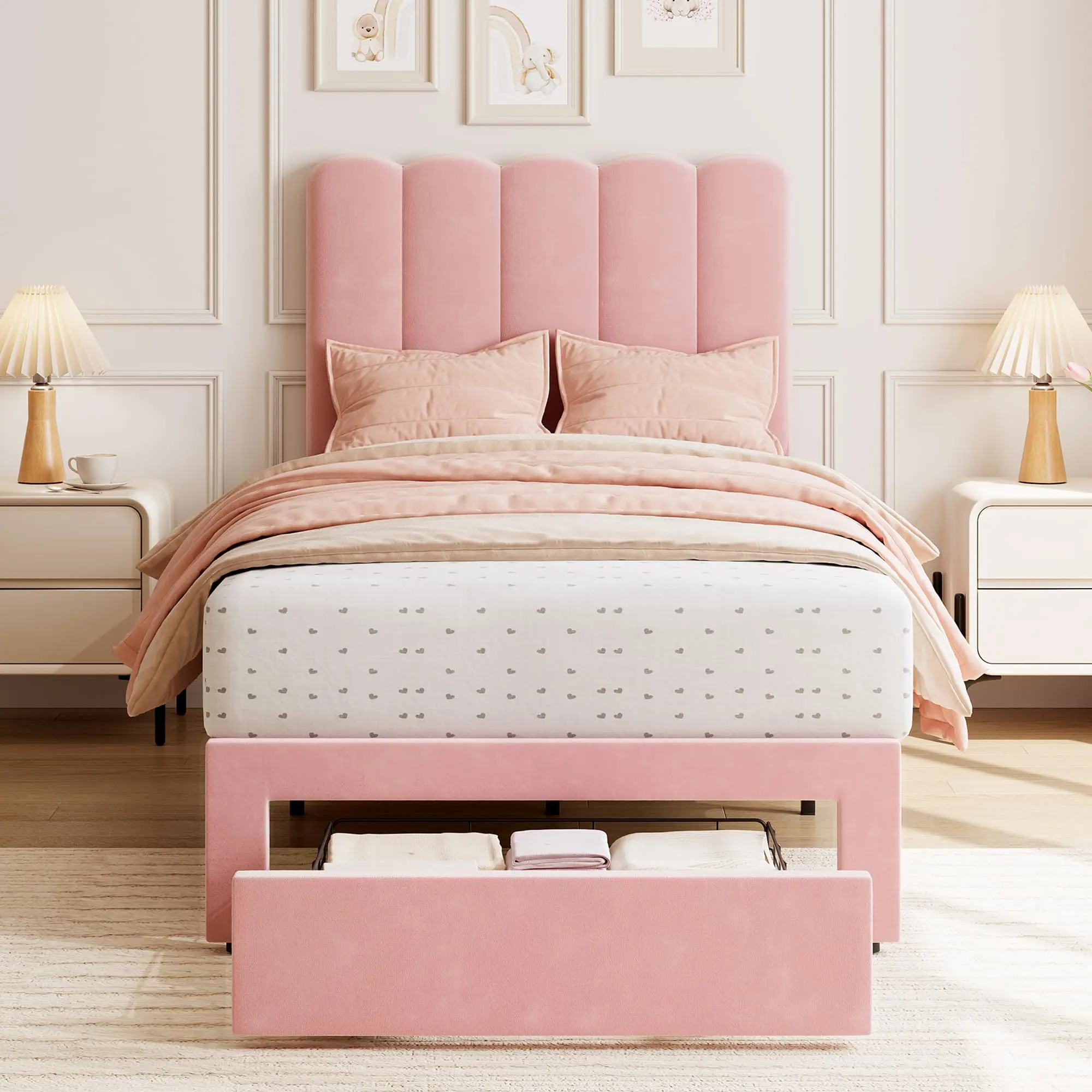 Garvee - Marco de Cama Individual con cajón Debajo de la Cama, Plataforma tapizada con cabecera Ondulada para niños y niñas, Soporte de Listones de Madera, no Necesita somier, Color Rosa