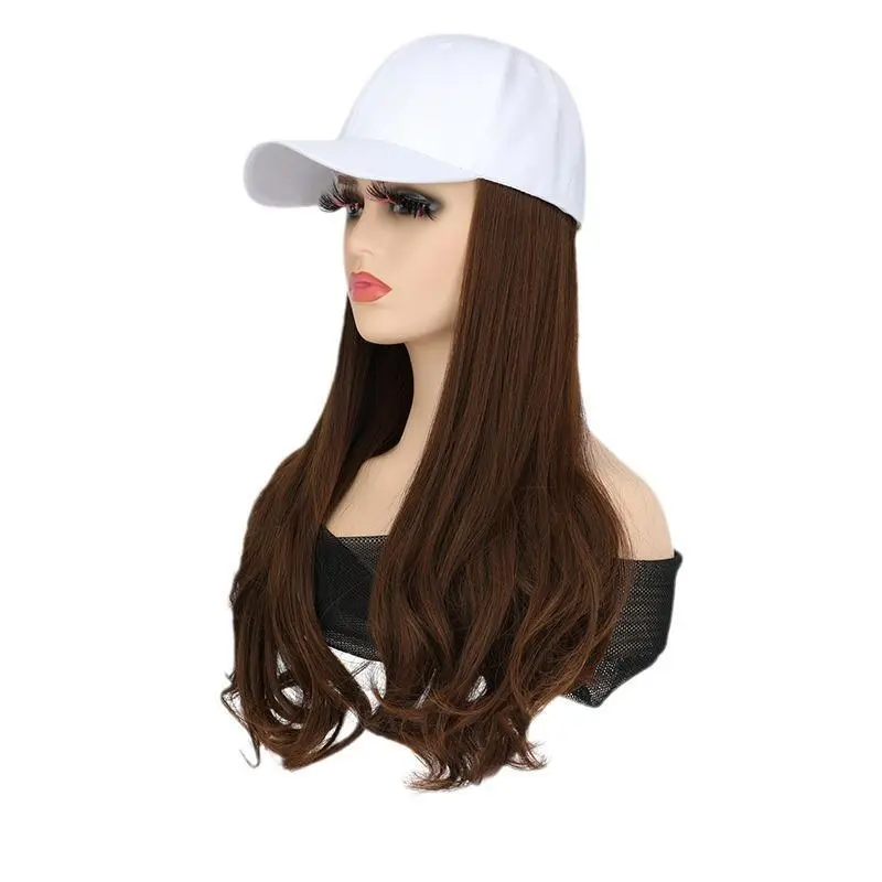 Women's Glueless Synthetic Wavy Curly Hair Baseball Cap Full Wig Combo Set, Machine-Made Fashion Hat Accessory, Brown, Casual Wear, Heat-Resistant Synthetic Soft Hair