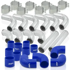 2.5" Universal (12 Piece) Chrome Aluminum Piping Kit with 24 T-Bolt Clamps + Silicone Blue Couplers