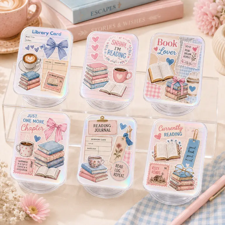Set of 2 Cute Library Card Phone Grip – Book Lover Magnetic PopSocket, Aesthetic Bookish Phone Holder, Teen & Adult Reading Accessory