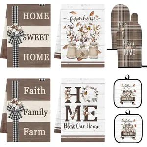 8 Pcs Farmhouse Sweet Home Kitchen Decor Set Rustic Vintage Heat Resistant Oven Mitts and Pot Holders Brown Kitchen Dish Towels Set Farmhouse Decorations Accessories for Home Cooking Baking Gift