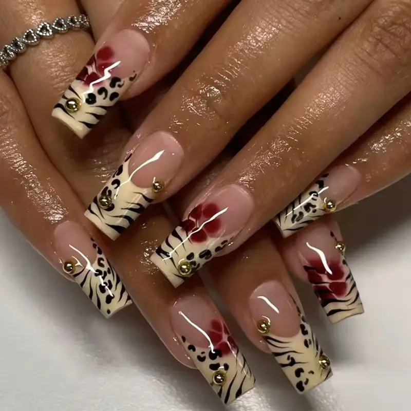 Wild Zebra Print Leopard Nail Art, French Long Flower Wrap Nail Design, Detachable Press-On Nails, Fashionable Nude, Unique Style, Crazy Nail Art, Decorative Nails