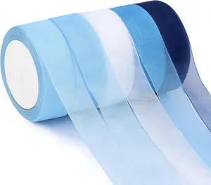 Organza Ribbon Sheer Ribbon, 1" x 125 Yd 5 Rolls Blue  for  Wrapping, Bouquet, Wedding, Party Decoration, Blue