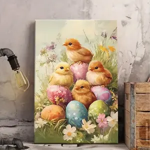 Easter Chicken and Egg Pattern Wooden Frame Canvas Painting, Modern Art Wall Decoration, Easter Decoration
