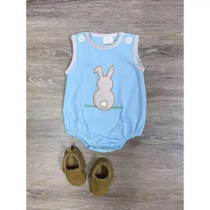 Cotton Tail Bunny Rabbit Blue Boys Baby Infant Easter or Spring Bubble Romper