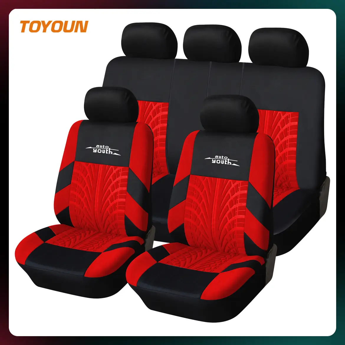 TOYOUN Universal 5 Seater Car Seat Cover Fabric Front & Rear Protector with Tire Track Detail Airbag Compatible Interior Accessories for Cars Trucks S