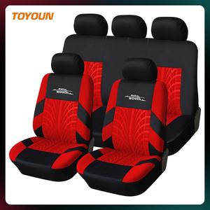 TOYOUN Universal 5 Seater Car Seat Cover Fabric Front & Rear Protector with Tire Track Detail Airbag Compatible Interior Accessories for Cars Trucks SUVs Vans Red Black Design fathersdaygift