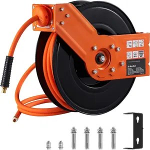 Retractable Air Hose Reel, 3/8 IN x 50 FT Hybrid Air Hose Max 300PSI, Air Compressor Hose Reel with 5 ft Lead in, Ceiling/Wall Mount Heavy Duty Single Arm Steel Reel