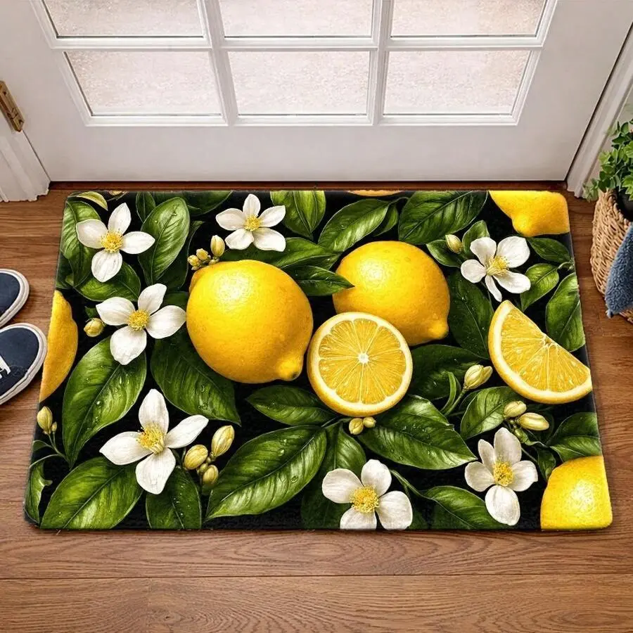 1pc Fresh Lemon Floral Non-Slip Mats, Flannel, Washable, Universal Door Mats Suitable For Living Room, Bedroom, Office, Bathroom, Balcony, Hallway, Porch, Kitchen, Outdoor, Entrance, Bedside, Dog Mat, Front Door Mat