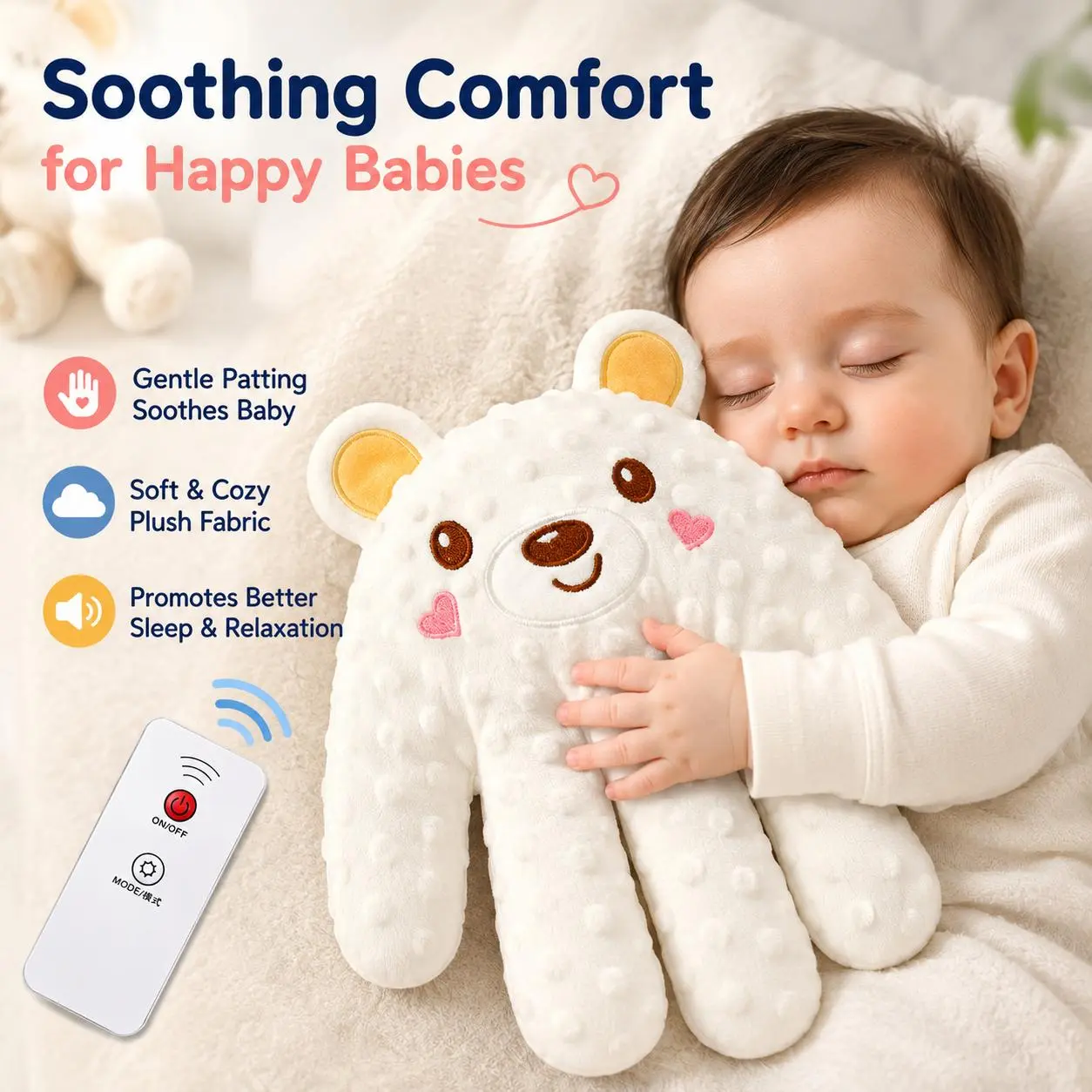 Kids Soothing Hand Plush Toy with Remote Control，Newborn Sleep Aid Stuffed Animal, Automatic Gentle Patting Toy for Infants & Toddlers, Detachable Washable Comfort Toy, Baby Shower Gift for Boys & Girls