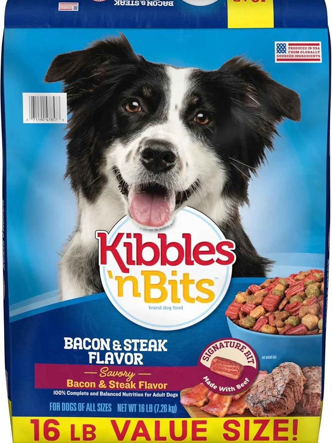 Kibbles 'n Bits Dry Dog Food, Savory Bacon & Steak Flavor for Adult Dogs 16 lb. Bag