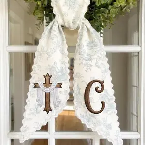 Personalized Toile Wreath Sash, Embroidered Cross Monogram Ribbon, Elegant Spring Door Decor