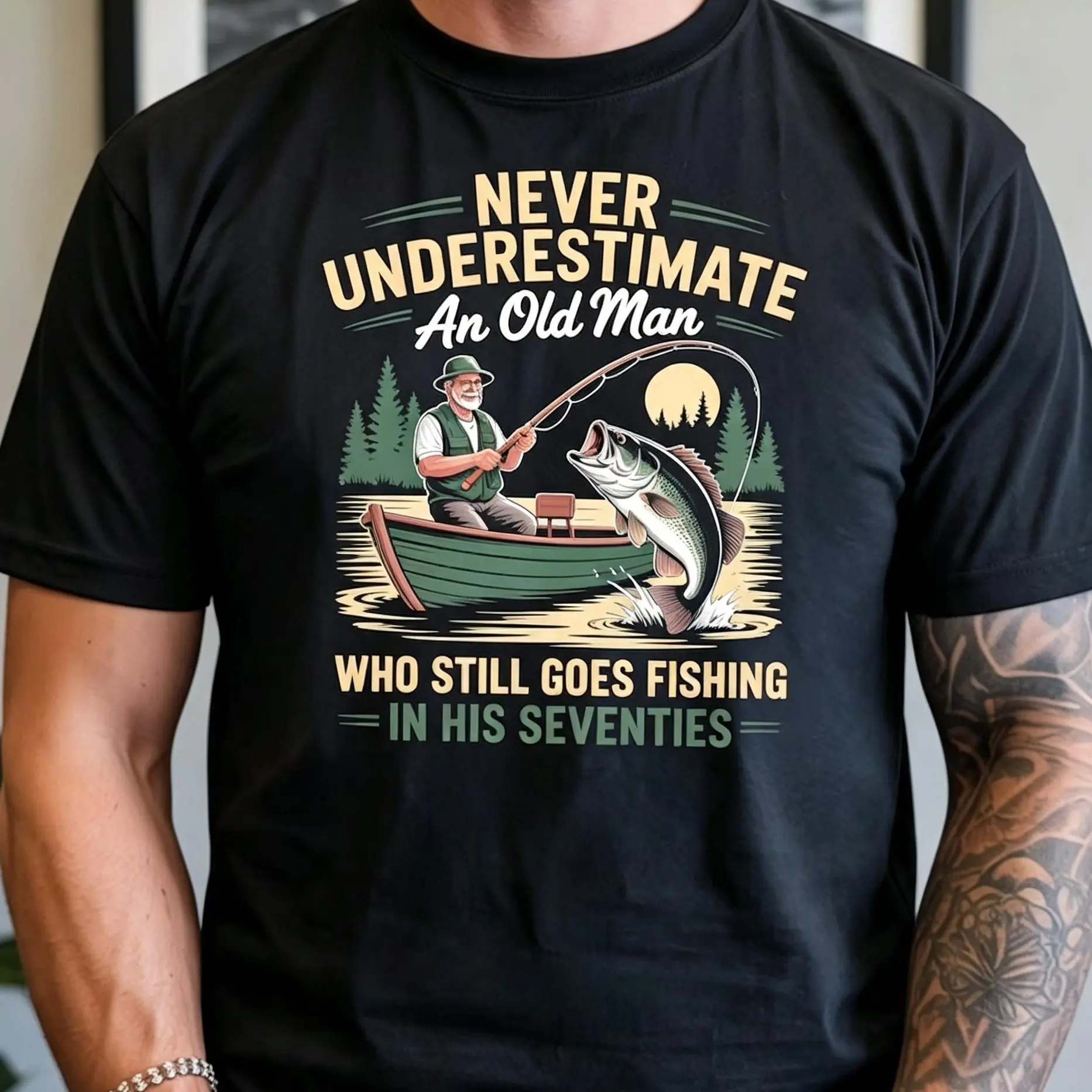 Never Underestimate an Old Man Fishing in His Seventies T-Shirt, Funny Fishing Fisherman T-Shirt, Long Sleeve Fishing Men's Tee Shirts Gift#SohoChic