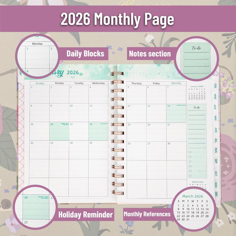Mr. Pen - 2026 Planner, Spring Floral Design, Weekly & Monthly Calendar, Jan 2026 - Dec 2026, Hardcover, Spiral Bound, Inner Pocket, 6.4" x 8.5", Christmas Gift