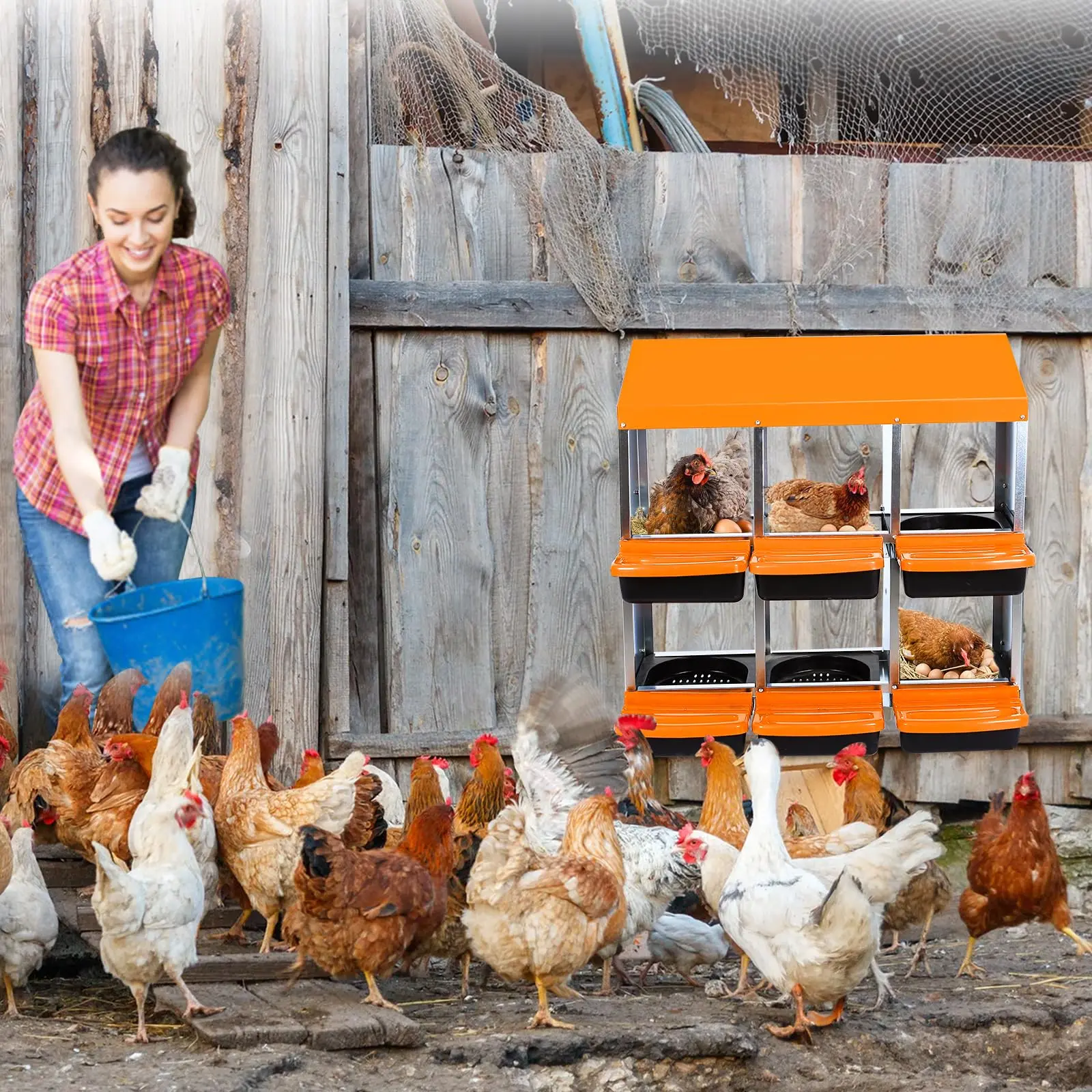 Orange Chicken Nesting Box with 6 Compartments, Lid Cover, Roll Away Design – Easy Clean, Durable, Ideal for Safe Egg Laying