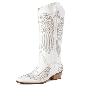 Womens Knee High Boots Cowboy Cowgirl Tall Western Boots Pull On Square Toe Low Chunky Heel Retro Dress Ladies Comfortable Embroidered Boot