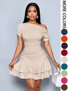 Women's Summer Fashion Casual Chic Plain Color Ruffles Dress, Elegant Slim-Fitting Design, Perfect for Daily Wear & Special Occasions