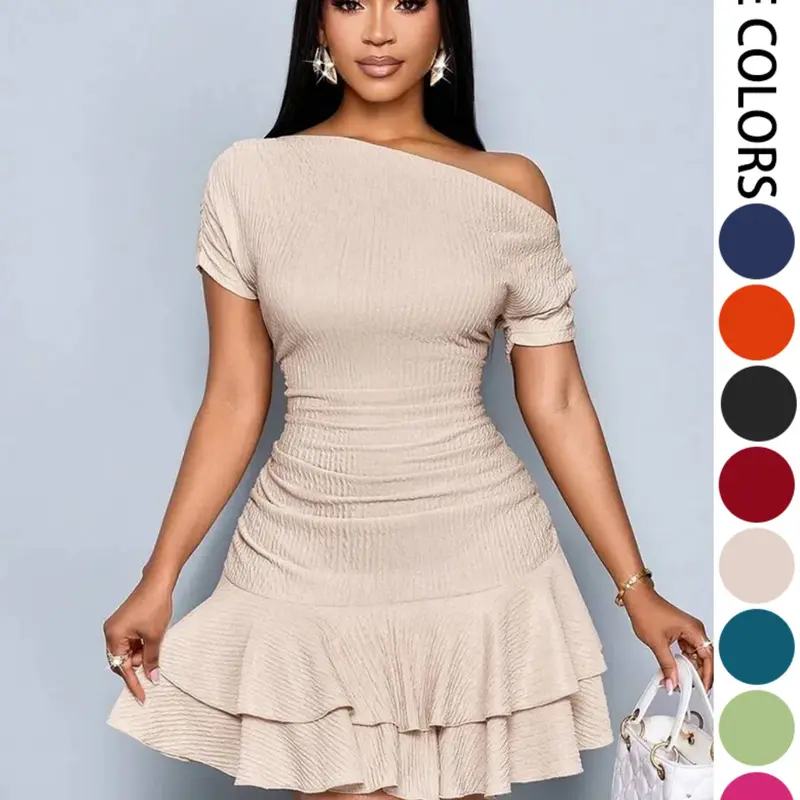 Elegant Feminine Summer 2026 Dress, Casual Summer Dress, Solid Color Asymmetrical Neckline Dress, Slim-Fit, Ruffled Hem