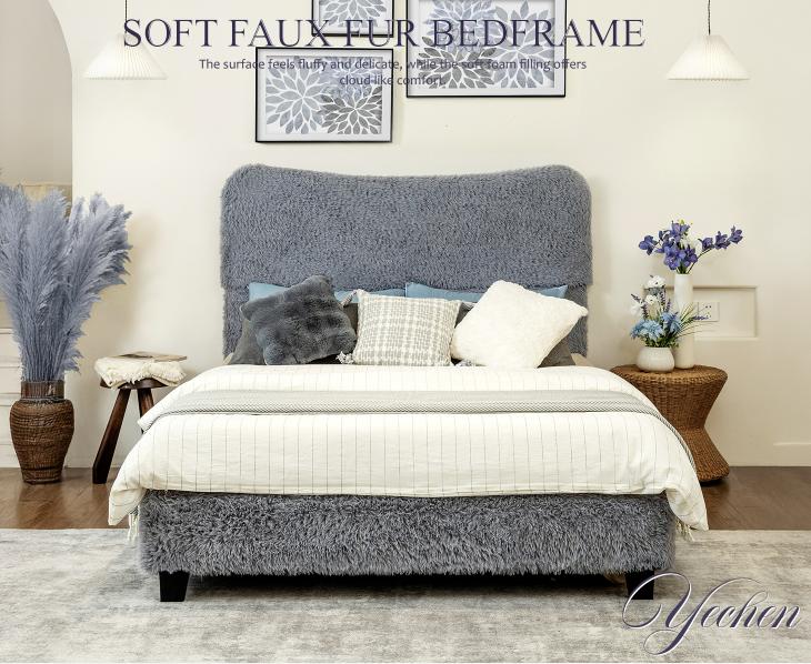 Yechen Bed Frame with Tall Headboard, Round Deluxe Soft Faux Fur Bedframe, Boho Boucle Cloud Upholstered Plush Bed with Metal Frame and Wood Slats, No Box Spring Required, Easy Assembly, (Beige, Grey) (Twin, Full, Queen)
