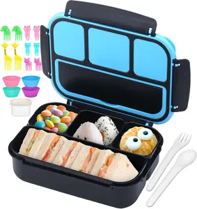 Bento Box for Kids Adults, School Toddler Lunch Box for Boys Girls, Lunch Box Containers with 4 Compartments, Sauce Container, Utensils, Food Picks and Muffin Cups for School