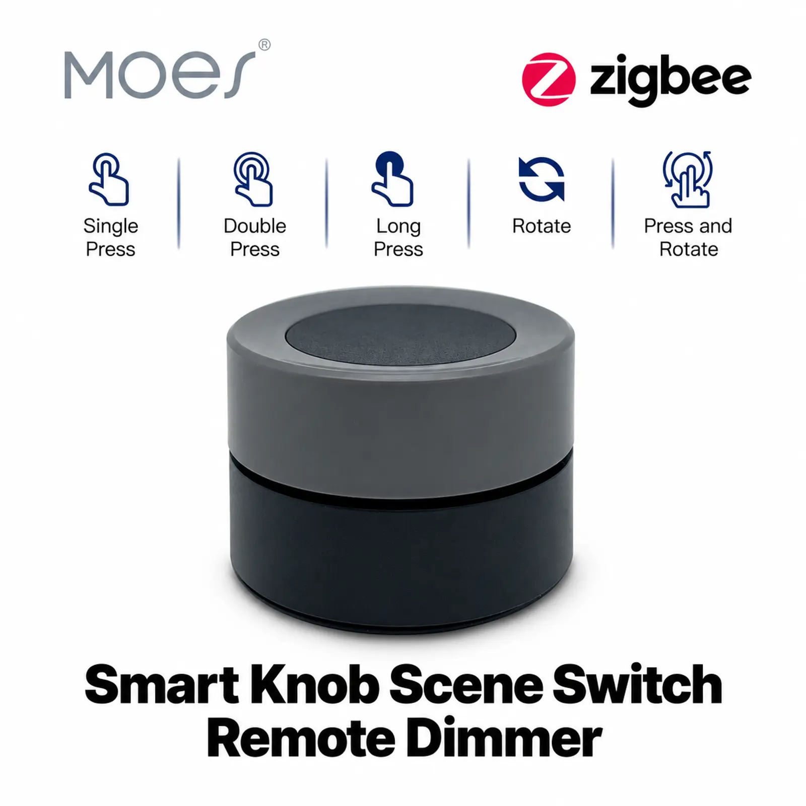 MOES Zigbee Knob Scene Remote Switch Smart Home Controls - Battery-Powered Dimmer, No Wiring, Stick-Anywhere, Voice-Enabled, Tuya/Smart Life Compatible, 5 Gesture Functions (Single Press, Double Click, Long Press, Left Rotate, Right Rotate)