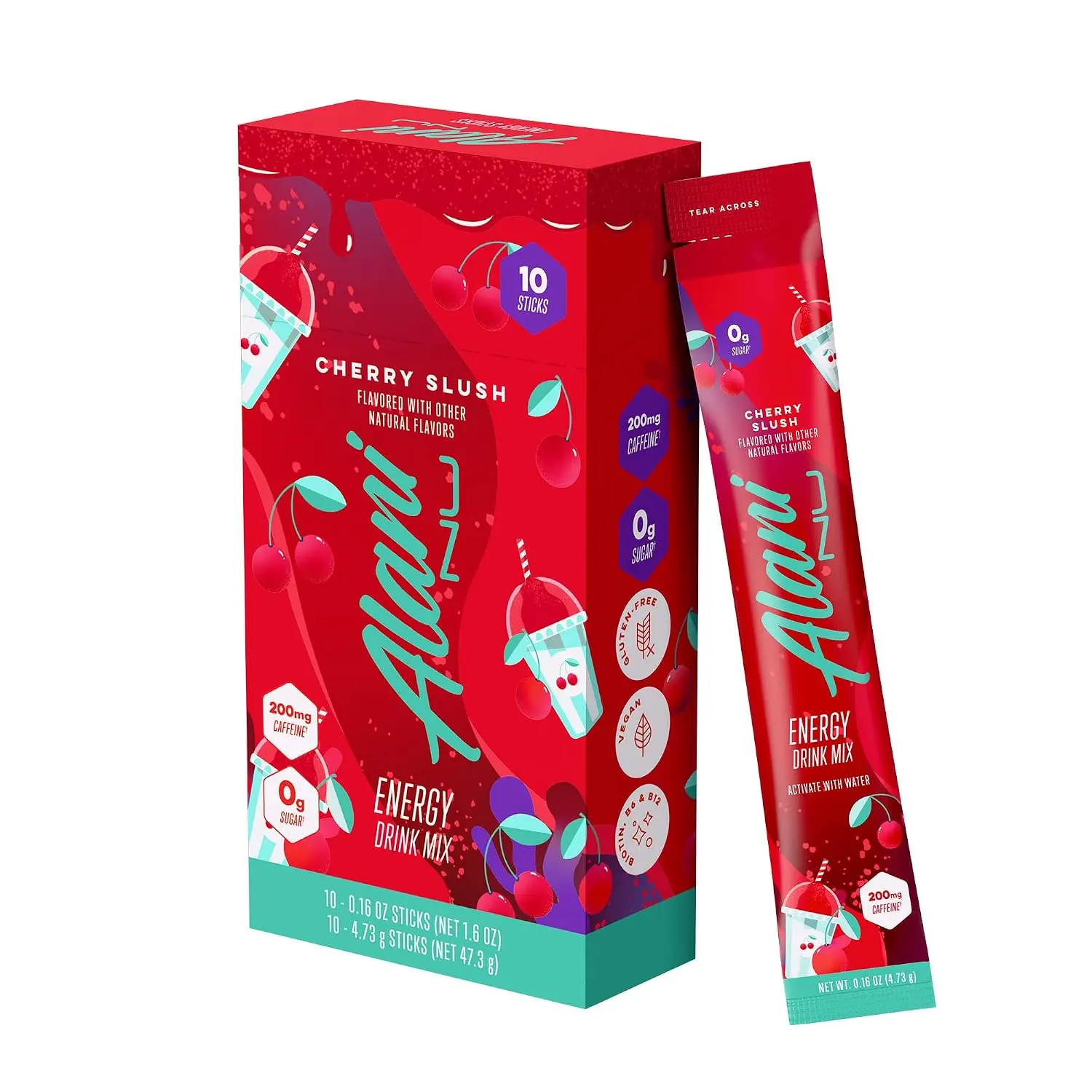 Alani Nu Cherry Slush Energy Drink Powder Sticks, 200mg Caffeine, Pre-Workout Beverage with Antioxidants, Biotin, B Vitamins, 0 Sugar, 5 Calories, On-The-Go Mix, 10-Pack