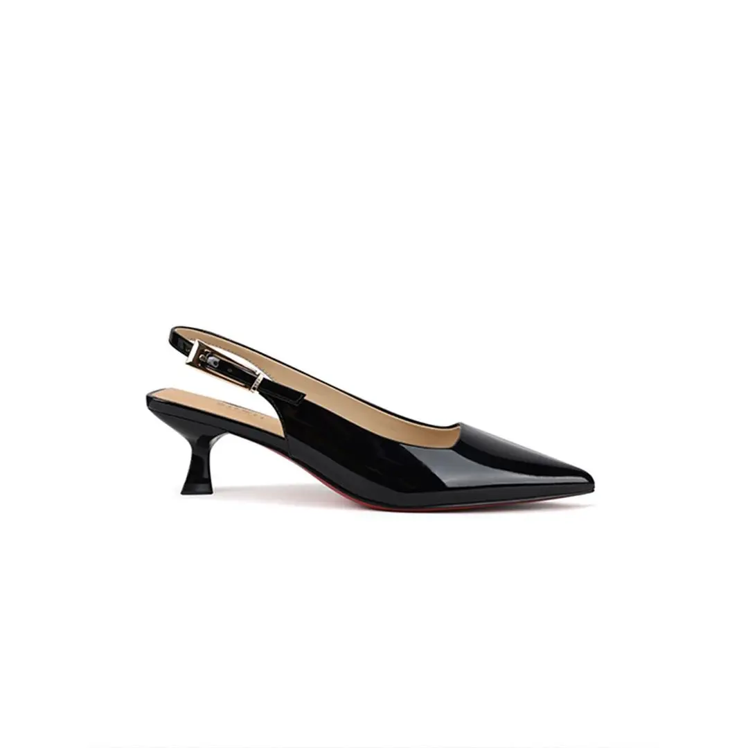 Women’s patent leather closed-toe sandals, pointed-toe backless low heels with a small cat heel, elegant high heels for commuting and dates