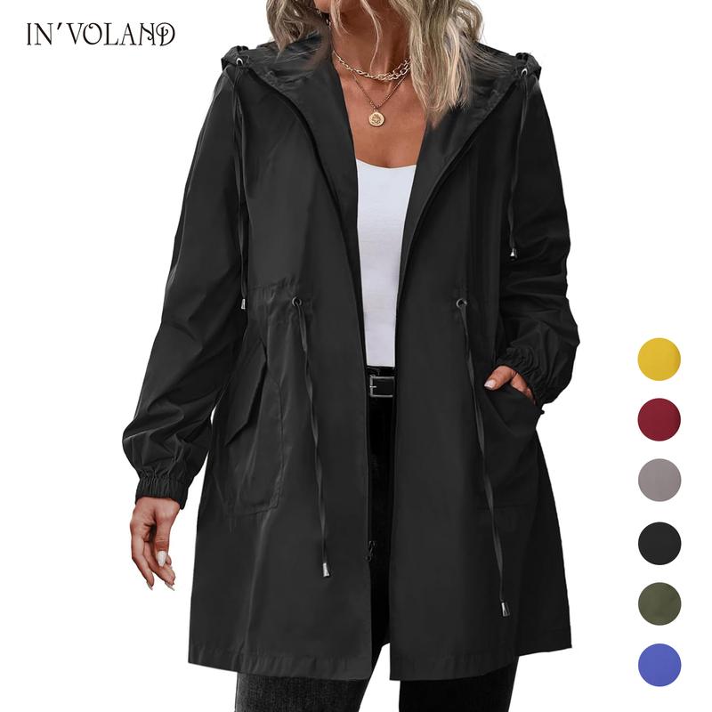 IN'VOLAND Women's Rain Jacket Plus Size Long Raincoat Lightweight ...