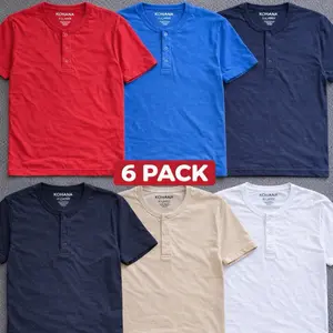 Kohana Men’s 3 Button Henley T-Shirts – 6 Pack "Camiseta Perro" Assorted Colors for Everyday Wear Casual Menswear