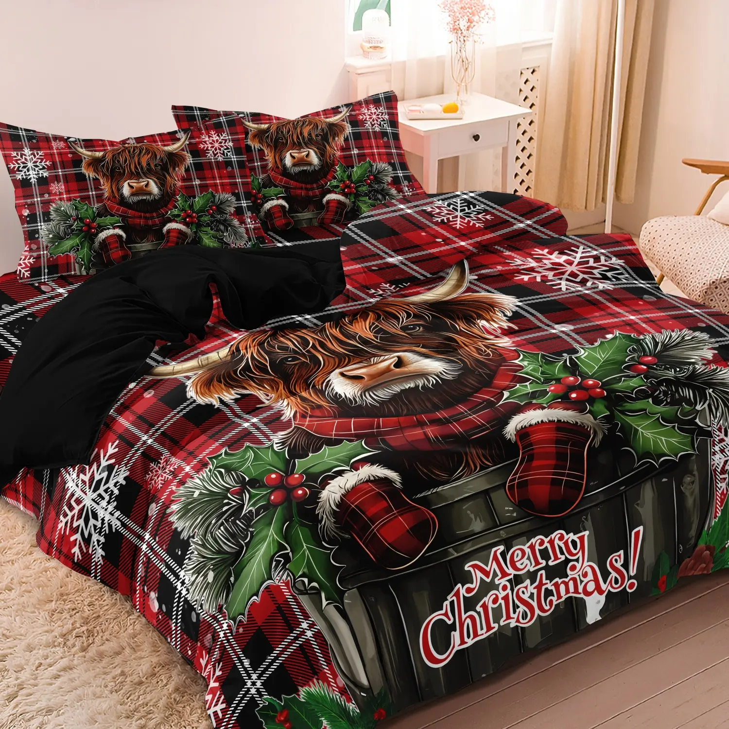 3pcs Christmas Highland Cow Bedding Red Buffalo Plaid Pattern Duvet Cover , Microfiber Festive Winter Home Bedroom Decor for Season 1 Duvet Cover+2 Pillowcases, Seasonal Bedding, Holiday Decoration, Bedding Sets, Cozy Bedding Set