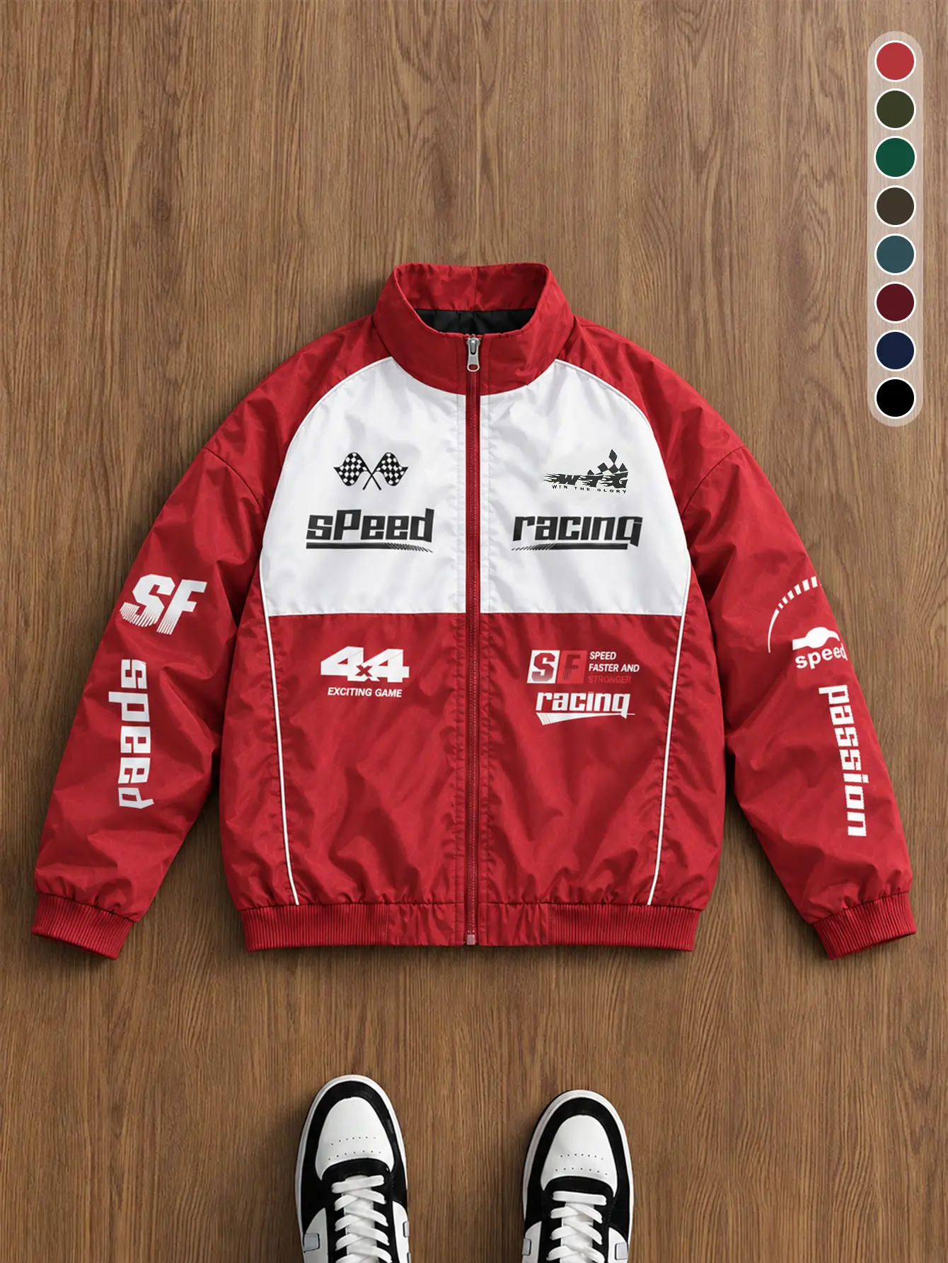 Men Red White Color Block Racing Graphic Stand Collar Jacket Multi Speed Slogan Print Full Zip Rib Cuff Lightweight Streetwear Coat