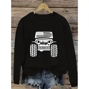 Women's  Crew Neck Sweatshirt - American Flag & Off-Road Vehicle Graphic Print, Cozy Fleece Pullover for Fall Winter, Casual Outdoor Adventure Apparel