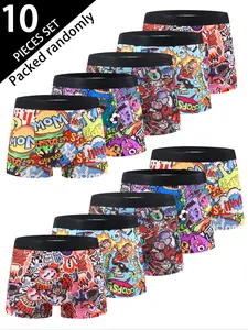 Men's Random Pack of 10 Briefs, Comfortable Versatile Trendy Graffiti Underwear, Casual Fashion Fitted Four-Corner Shorts, Daily Casual Underwear
