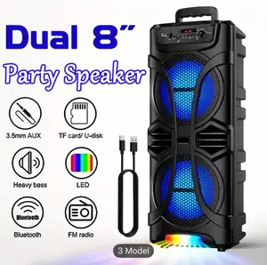 Dual 8” Bluetooth Party Speaker with LED Lights, Heavy Bass, FM Radio & AUX/USB Support