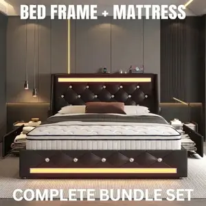 Queen Bed Frame with Optional Mattress, Upholstered Platform Bed with LED Lighting, Storage Drawers Available, Silent & No Box Spring – Cama queen con colchón