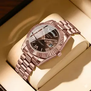Luxury Men's Day-Date Business Watch - Gold Stainless Steel Quartz Wristwatch with Waterproof Dual Calendar, Classic Roman Numeral Dial, Elegant Dress Watch for Boss & Professional, Gift Box Included