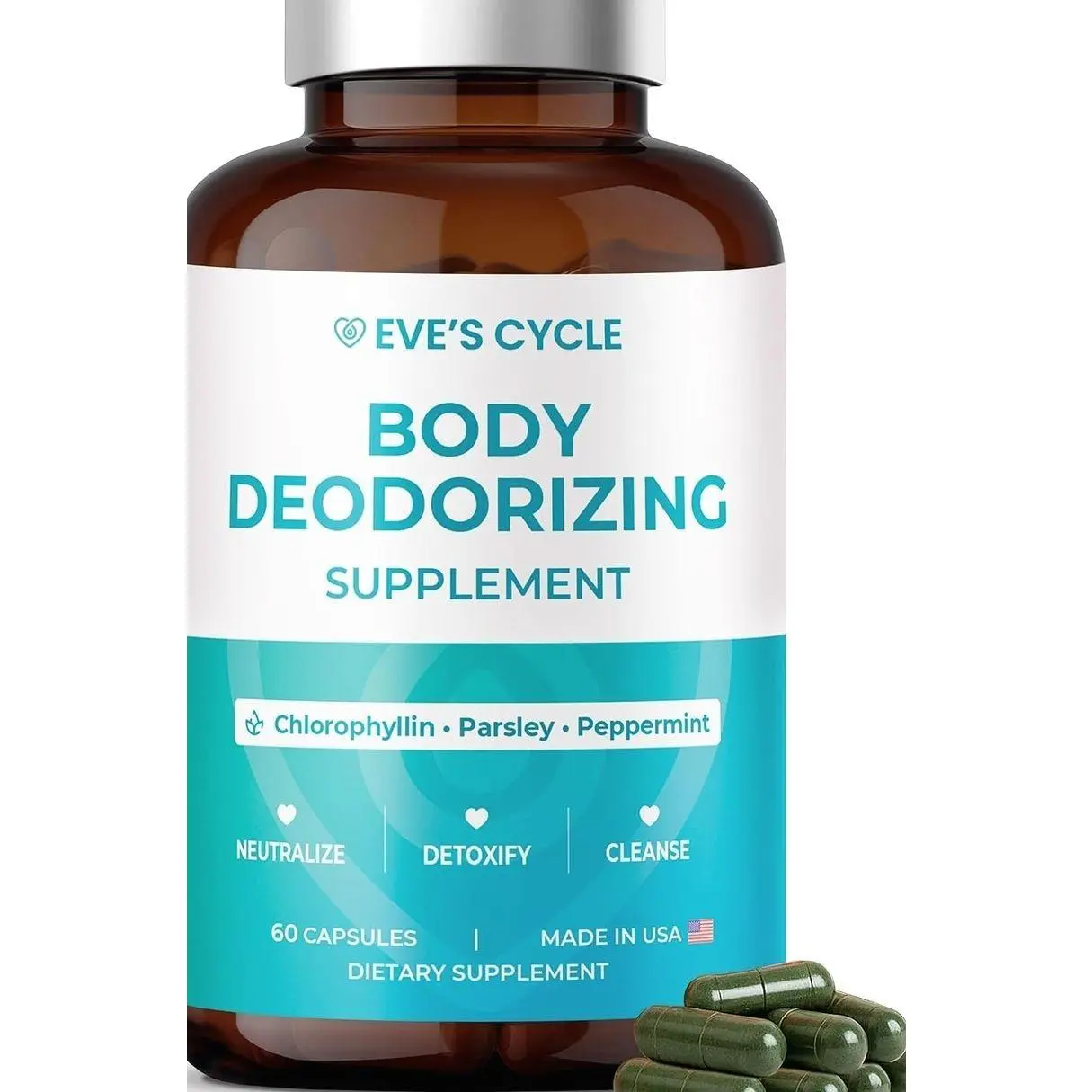 Body Deodorizing Supplement – Natural Internal Deodorant Chlorophyll Capsules with Parsley & Peppermint – 60 Vegan 500mg+ Pills – Bad Breath Treatment for Adults & Cleanse Support, Made in USA