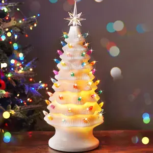 Table Top Christmas Tree, Hand Painted Resin Christmas Tree with Lights, Pre-lit Xmas Tree Decor Lighted Tabletop Decoration with Multicolored LED Bulbs, Ceramic-Like Finish Ornaments Green