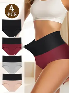 QUASTI 4 Pack High Waisted Milk Silk Contrast Color Underwear, High Elasticity Color block Wide Waist Breathable and Comfortable Panties, Abdominal Control Hip Lifting Briefs,Fashionable and Elegant Panty,S-XXL