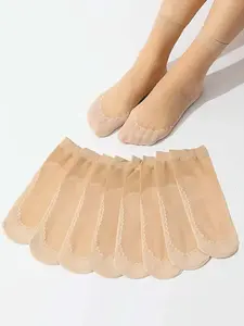 Women's 5 Pairs Solid Contrast Mesh Sheer Crew Socks, Summer 2024 Breathable Comfy Anti-slip Mid-calf Socks for Daily Wear, Women's Socks for Summer, Breathable Fabric Socks