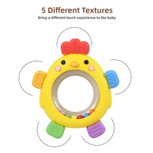 cute Chick Rattle Teether with 5 Textures, internal ball feature to encourage motor skills,baby chew teether toy, montessori toy