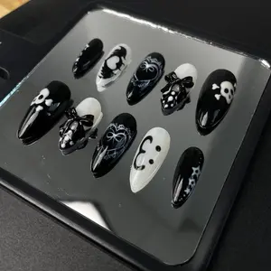Handmade Gothic Black White Press On Nails | Skull, Mask & Bow Nail Art | Dark Elegant Halloween Nail Set