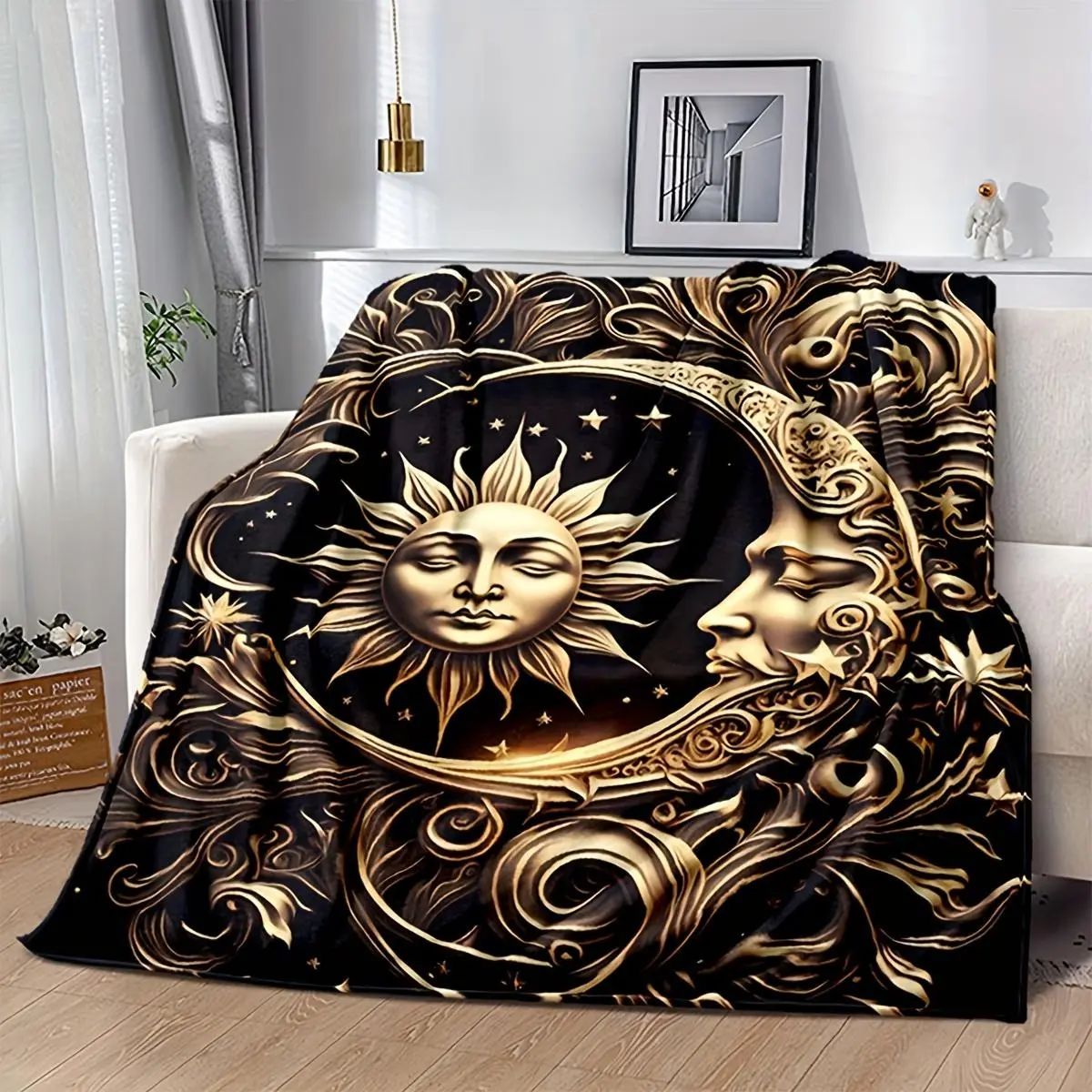 Celestial Sun and Moon Printed Flannel Throw Blanket - Mission Swing Style, Wrinkle-Resistant, Breathable, Durable, Machine-Wash Tear-Resistant Polyester Bedding, Digital Printing Weaving, All-Seasons Quilting Throw