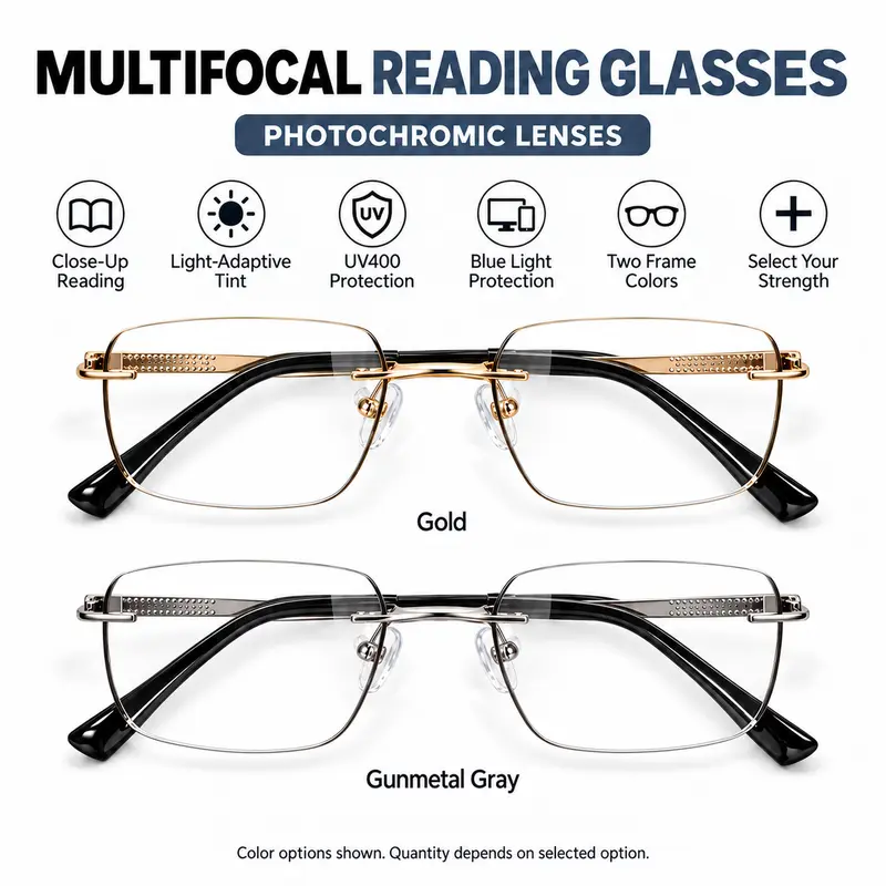 Unisex Progressive Multifocal Photochromic Reading Eyeglasses - Light Adaptive Bluelight Blocking, High Definition Glasses for Indoor/Outdoor Near Mid Far Vision Use, Daily, UV Protection blue lights glasses,Photochromic Lens,
