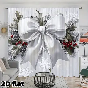 2D Flat 2Pcs Christmas Silver Bow Berry Print Curtains, Interior Decoration Accessories, Holiday Theme Rod Pocket Design Semi Transparent Polyester Modern Winter Home Decor Window Treatment Privacy Protection