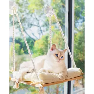 Cat window bed with industrial-grade suction cups - solid pine wood hammock bed, soft cushion - can support up to 42 pounds, suitable for indoor cats
