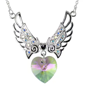 Angel Wings Crystal Aurora 18mm Heart with Wings 18" Necklace with Extender